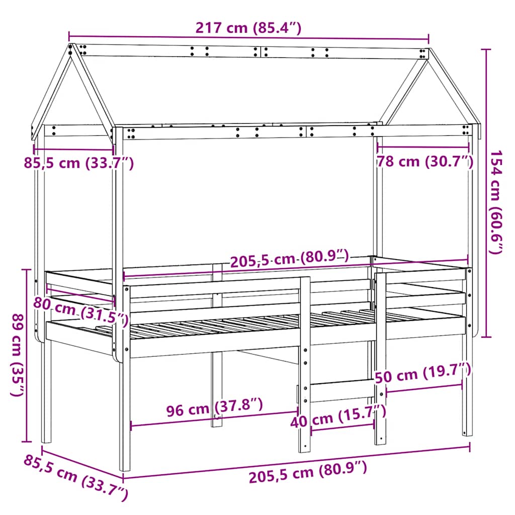 High Bed with Roof 80x200 cm Solid Pine Wood