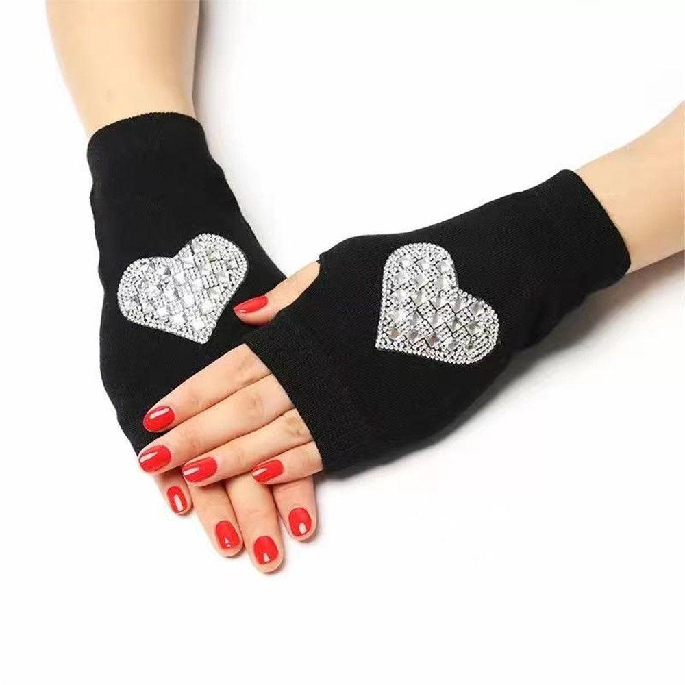 

Rhinestone Wool Knitted Fingerless Gloves Computer Mittens Warm Gloves Half Finger 3