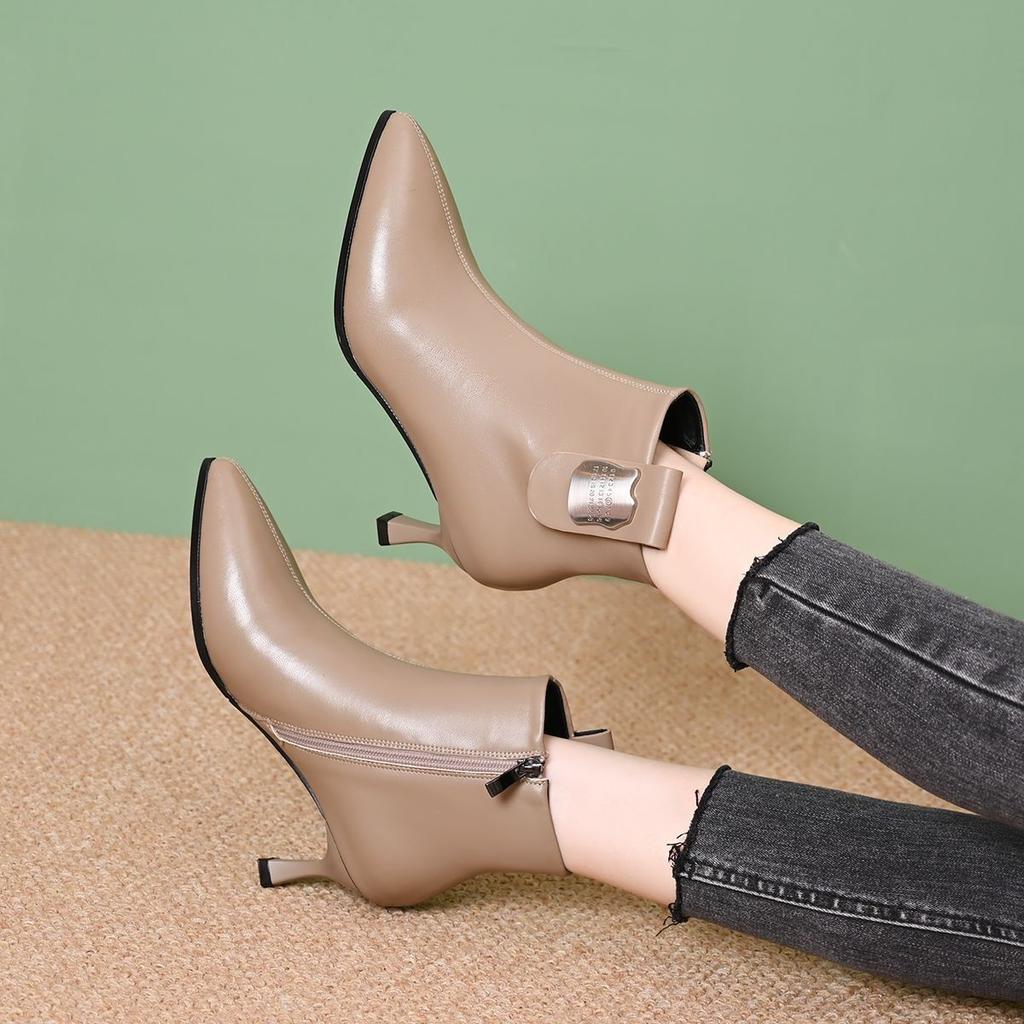 Pointed Toe Leather Warm Autumn Winter Female Short Shoes Elegant with Medium Heels Booties 2025 Hot Women's Ankle Boots