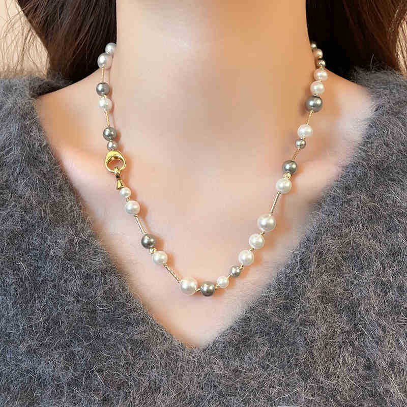 Simple ins style pearl snake chain round bead adjustable necklace Internet celebrity temperament collarbone chain fashion light luxury necklace women