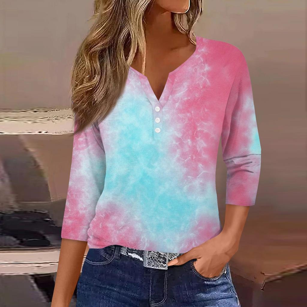 Women's T Shirt Tee Print Button 3/4 Sleeve Daily Weekend Fashion Basic V- Neck Regular Top