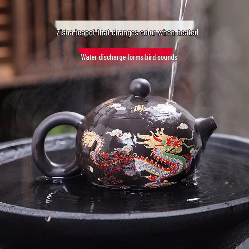 Heat-Sensitive Color-Changing Zisha Dragon & Phoenix Teapot with Bird Sound Water Outlet