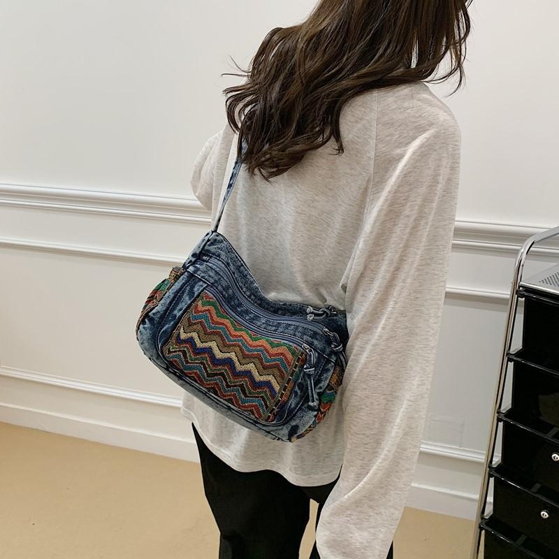 Simple Women’S Denim Shoulder Bag Ladies Small Multi-Pocket Zipper Closure Stylish For Daily Use Shopping Travel