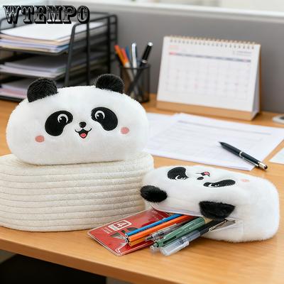 WTEMPO Panda Autumn Winter Soft Short Plush Cute Octagonal Zipper Pen Cases Makeup Storage Bags Graduation Season Back-to-school Season Gifts
