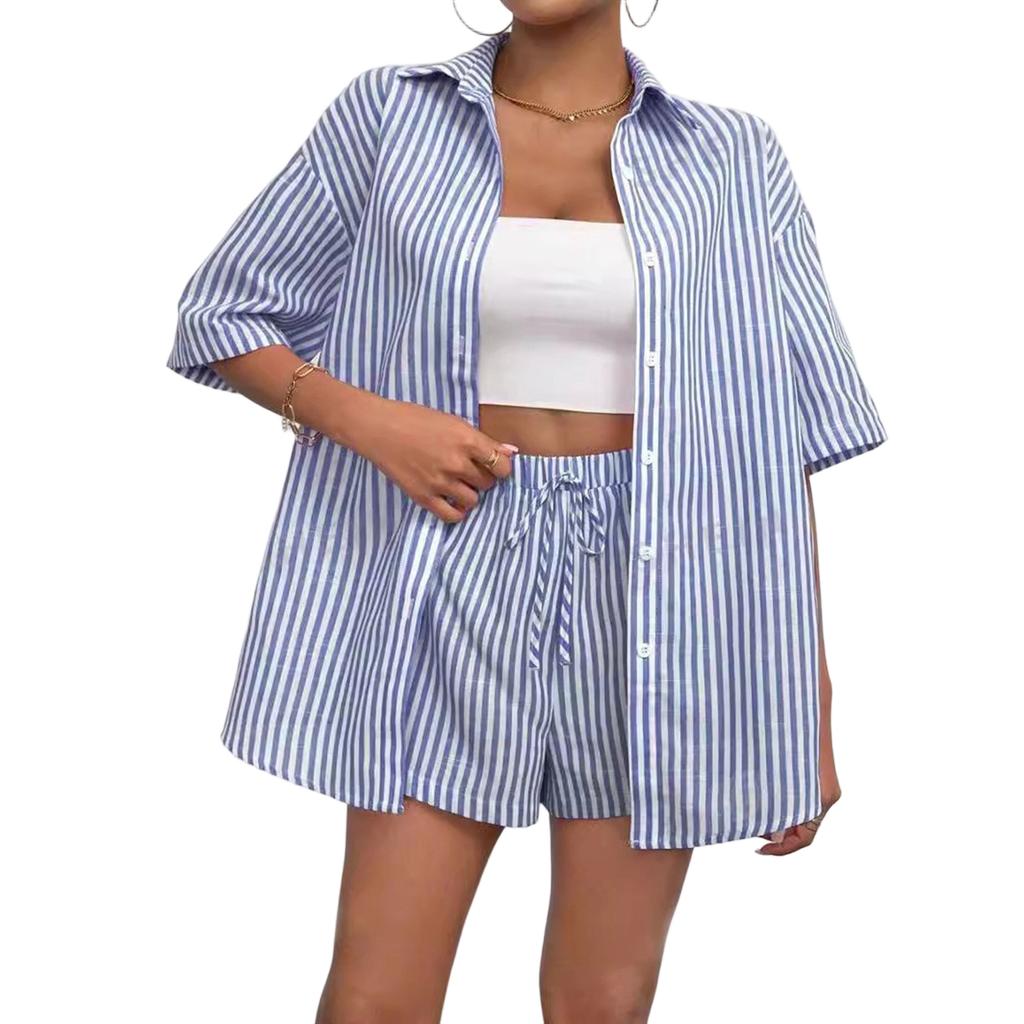 Women's Casual Two Piece Set Striped Short Sleeve Button Down Shirt with Elastic Waist Shorts Lightweight Summer Outfit
