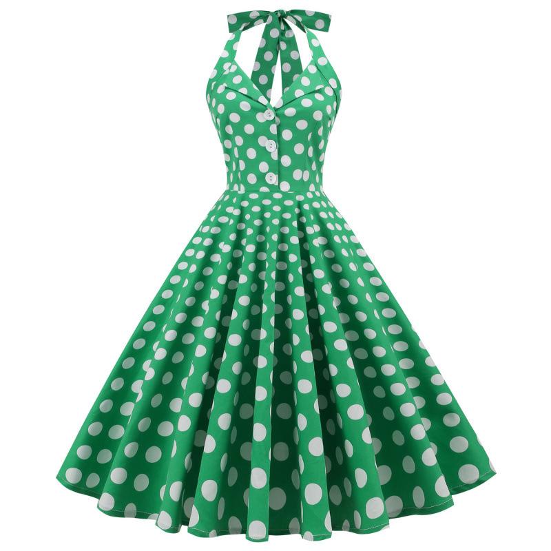 Hepburn lapel women's clothing polka dot neck backless medium long pendulum, retro dress