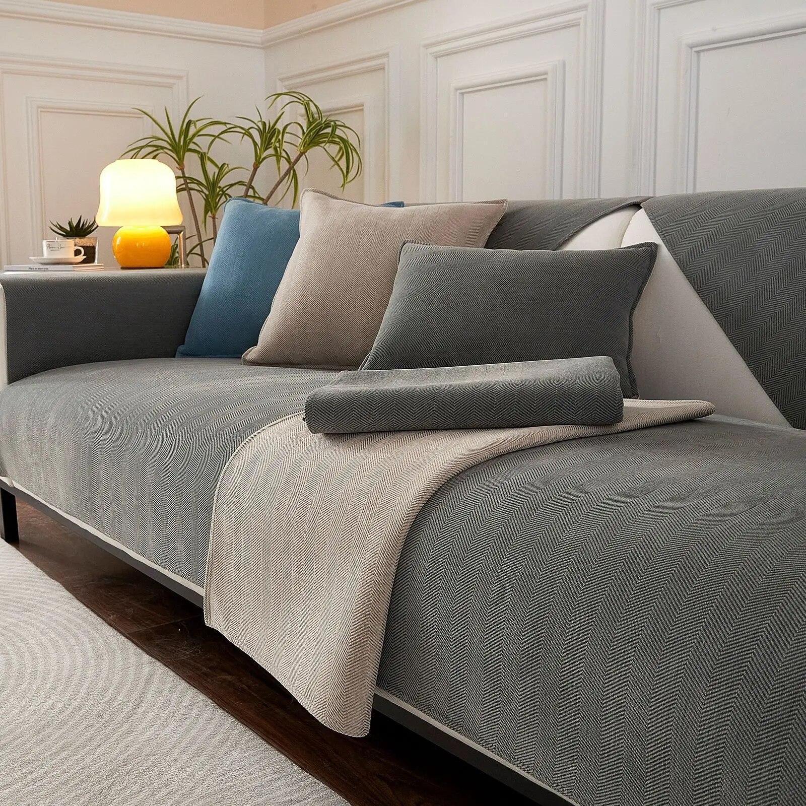 Herringbone Chenille Sofa Cover Anti Slip Anti Scratch Universal All Season Cloth Towel for Pets Protection 70x70cm