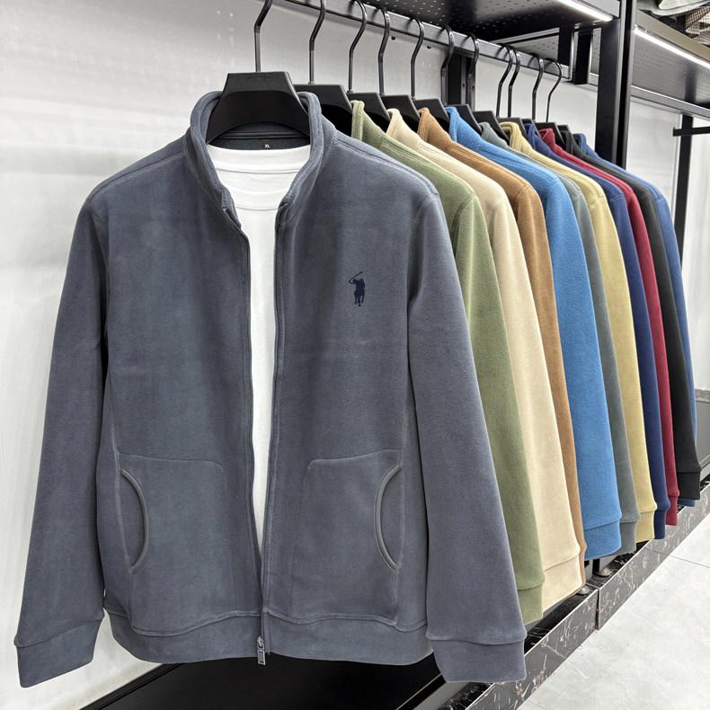 Men's Double-Sided Berber Fleece Stand Collar Jacket with Embroidery – Classic American Style