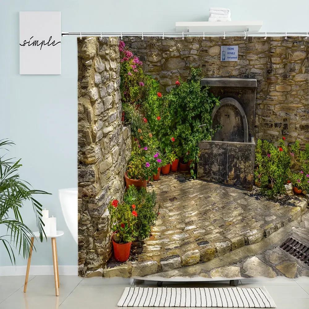 Greece Street View Shower Curtain Country Retro Town Spring Green Plants Flowers Vines Scenery Bathroom Decor With Hook Screen