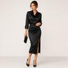 Women's Satin Cowl Neck Long Sleeve Midi Dress with Side Slit, Fitted Slim Fit for Evening Parties