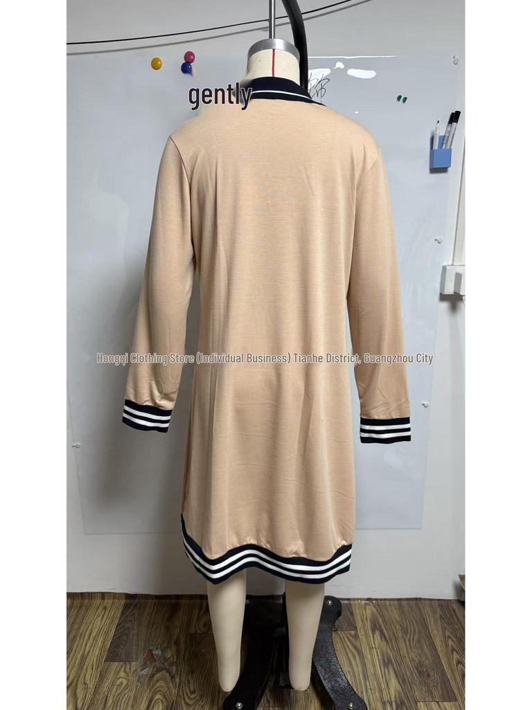 2026 Women's Casual Color Block Lapel Zipper Dress with Pockets