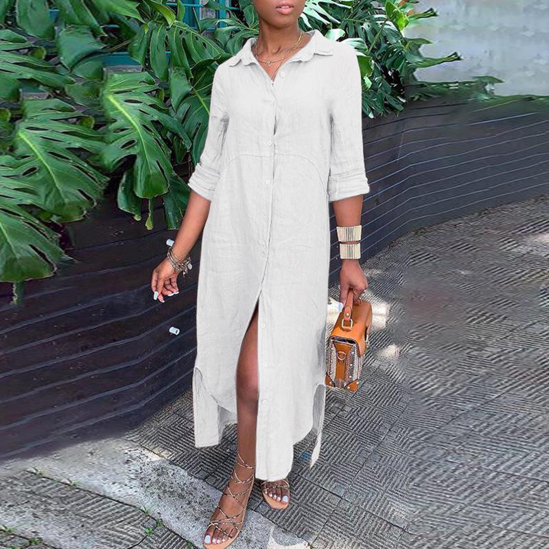 

Європейська та американська бавовняно-лляна довга сукня з коміром-сорочкою та ґудзиками S білий