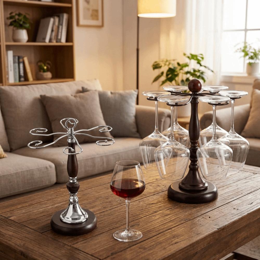 Freestanding 6 Bottles Wine Glass Rack Wooden High-Stem Glass Holder Bar Accessory
