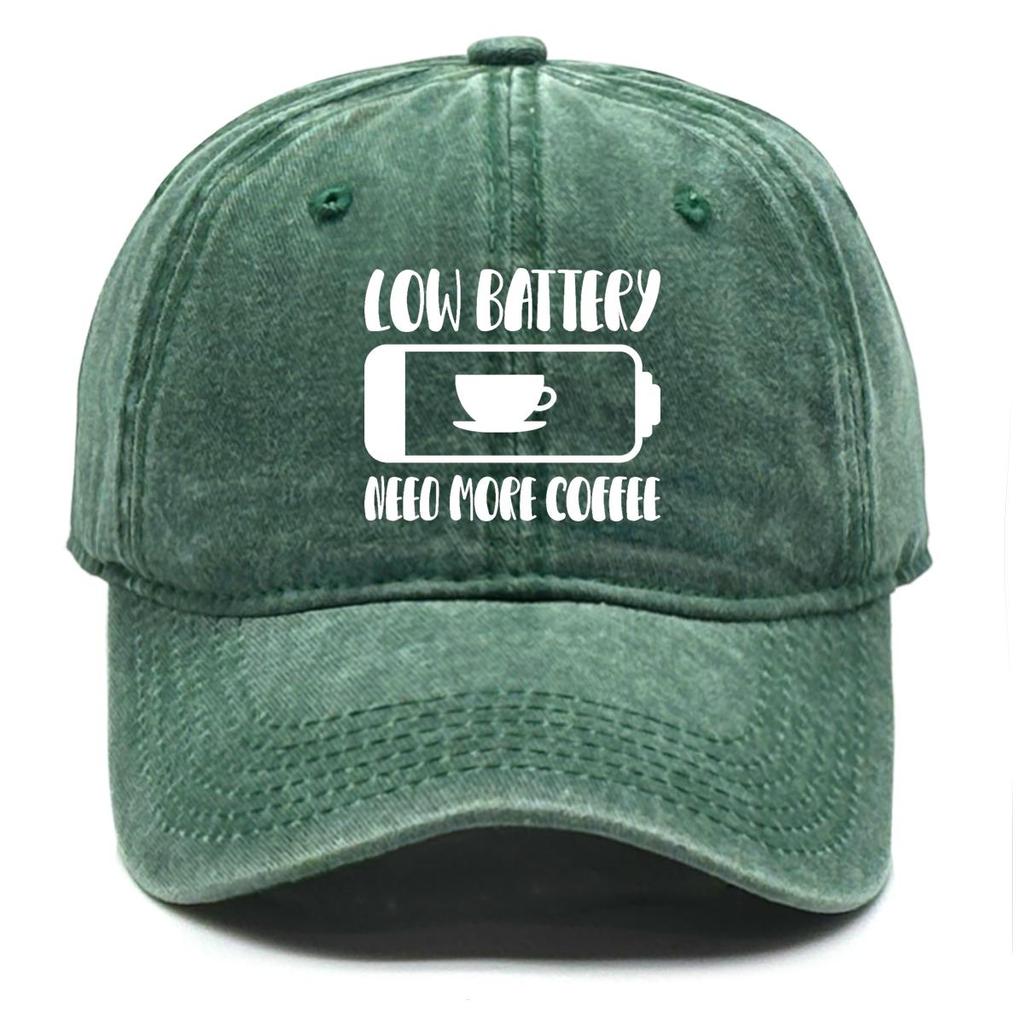 LOW BATTERY NEED MORE COFFEE" Print Adjustable Sun Hat, Mesh Hat Washed Curved Brim Fit Sunshade Snapback Baseball Hat
