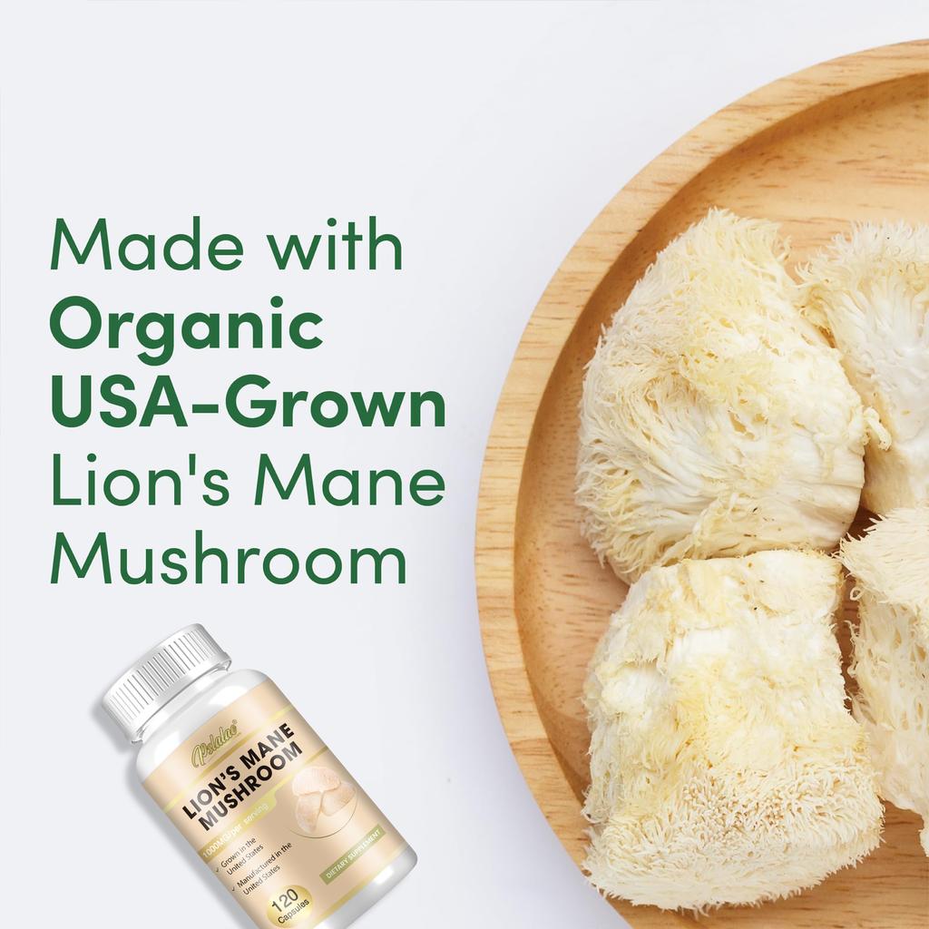 Pslalae Lion's Mane Mushroom Capsules, 1000 mg per serving, all-natural, suitable for both men and women.