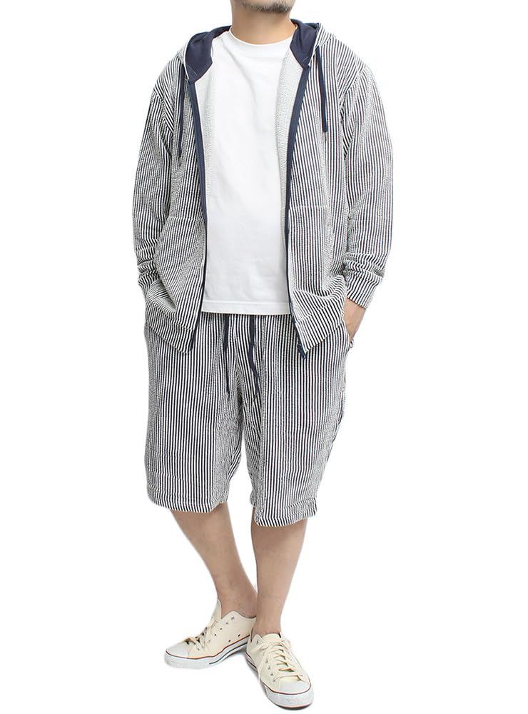 One Colors Men's Zip-Up Seersucker Stretch Summer Jacket, Short/Long Sleeve Hoodie, Size 5L, Striped (Long Sleeve)
