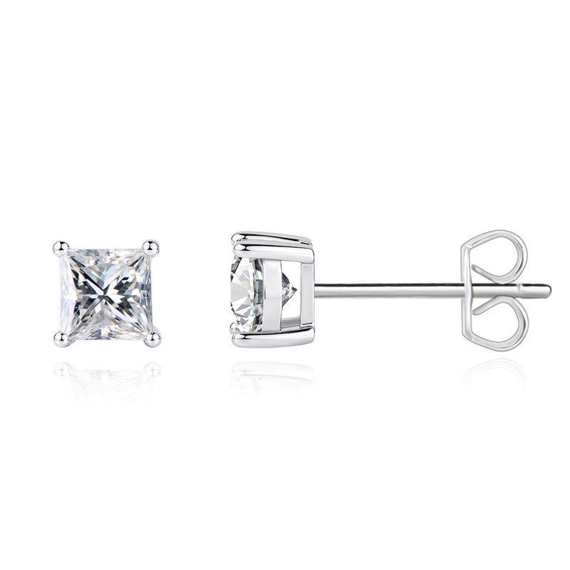 Four-Claw Princess Square Cut Moissanite Stud Earrings - D Color Silver Earrings 925 Silver