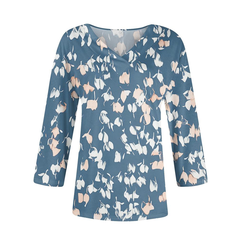 3/4 Length Sleeve Womens Tops V Neck Casual Tunic Tops Basic Shirts Loose Fit Blouse