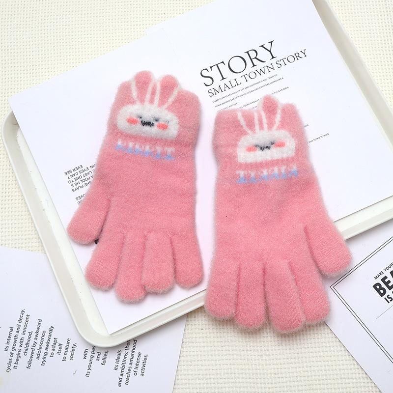 Children's Winter Warm Cartoon Gloves - Thickened, Five-Finger, Cute Rabbit & Little Bear Design, Cold-Proof for Boys & Girls