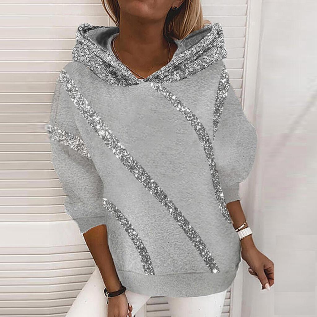 Autumn and Winter Sequins Printed Loose Hooded Sweatshirt for Women