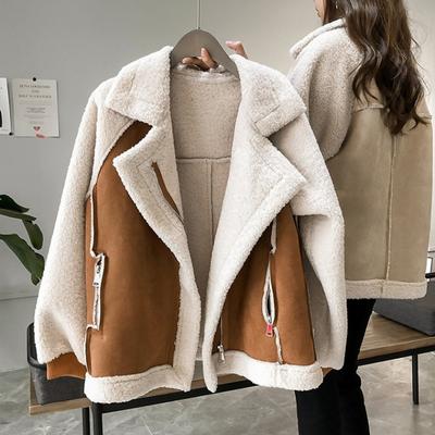 Women Winter Faux Shearling Sheepskin Fake Leather Jackets Lady Thick Warm Suede Lambs Short Motorcycle Brown Coats