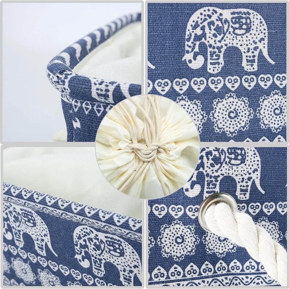 Foldable Storage Bins Fabric Basket with Handles Drawstring Dust Resistant Collapsible Cotton Rope Elephant Design Ideal Home