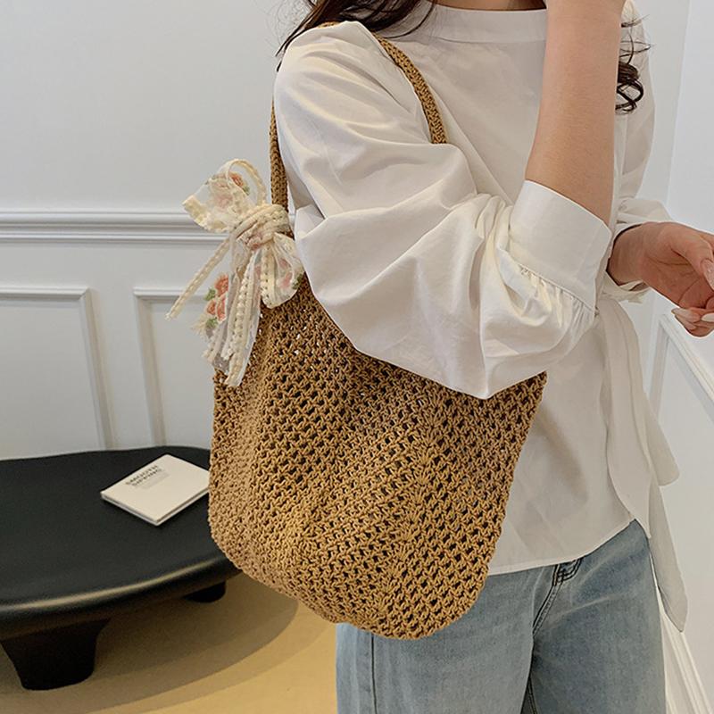 Summer Lace Bow Tote Bags Women Raffia Knitting Woven Shoulder Bag 2025 Rattan Large Casual Crochet Shopping Bag Ladies Handbag