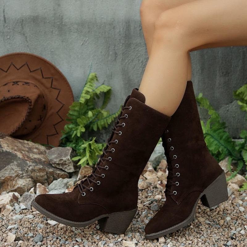 Fashion Block Heel High Boots Women's Fashion Round Toe Suede Front Lace-Up Anti-Slip Wear-Resistant Single Boots