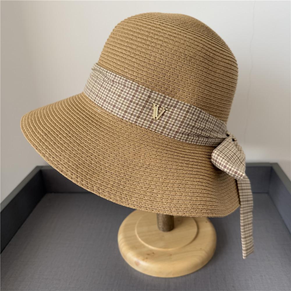 Straw Hat Versatile V Standard Plaid Bow Streamer Eaves Sunscreen Sunshade Bucket Hat Sun
