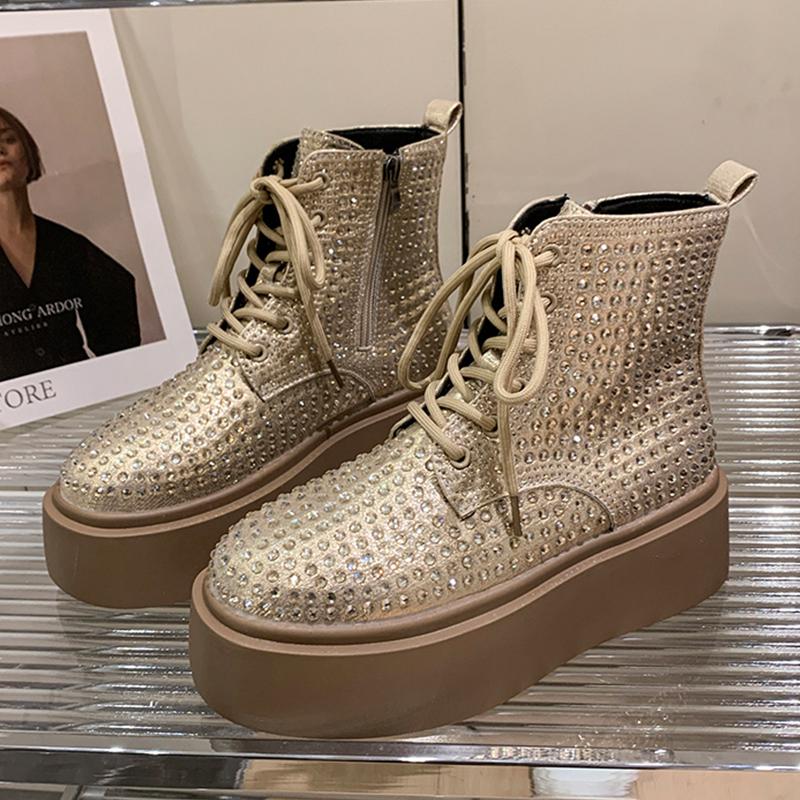 

Женские ботильоны на платформе с кристаллами, роскошные туфли, модные брендовые ботинки-челси на молнии, повседневные ботинки для ходьбы, женские ботинки 40