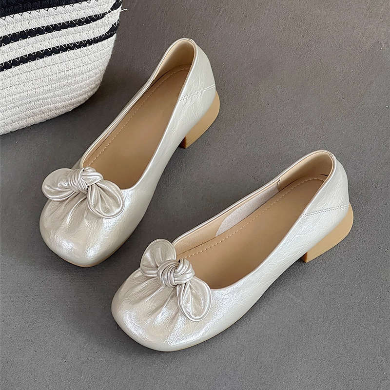 Bow Low Heel Single Shoes Women's Spring and Autumn New Shallow Mouth Round Head Soft Leather Grandma Shoes Comfortable Versatile Doudou Shoes