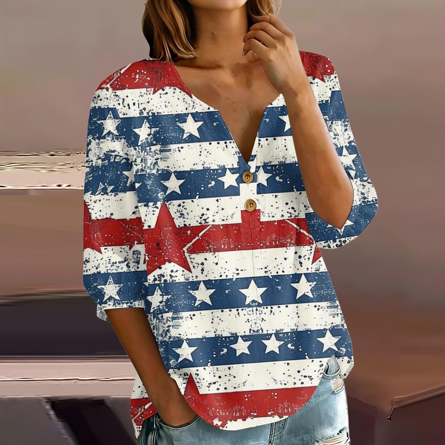 Women s Casual Button Front Henley Shirt 3/4 Sleeve Lightweight Cotton Linen Blend Top with Star Print and Relaxed Fit for Everyday Wear S винный