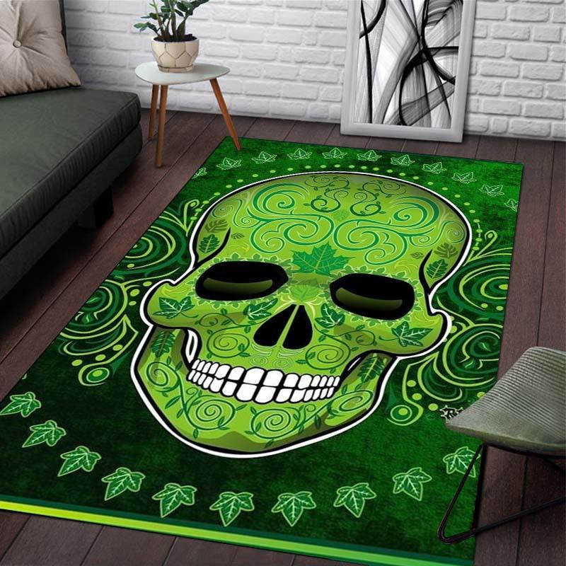 Green Skull Rug for Gothic Decor - Intricate Leaf Pattern Design Carpet Perfect for Halloween or Dark Aesthetic Rooms 50x80cm