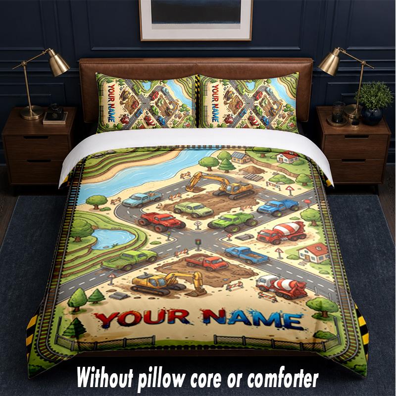 Construction Vehicles Theme Custom Text Or Name 3Pcs Bedding Set,1 Flat Sheet & 2 Pillowcases Personalized Home Bedding