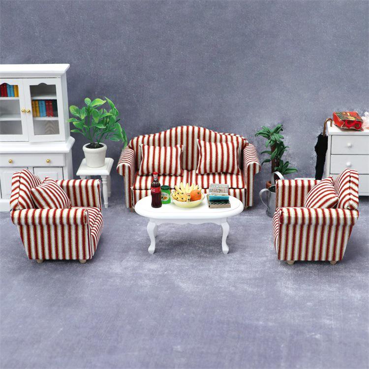 1:12 Dollhouse Miniature Living Room Sofa Set: Gold Trim & Red Stripe Sofa with Throw Pillows