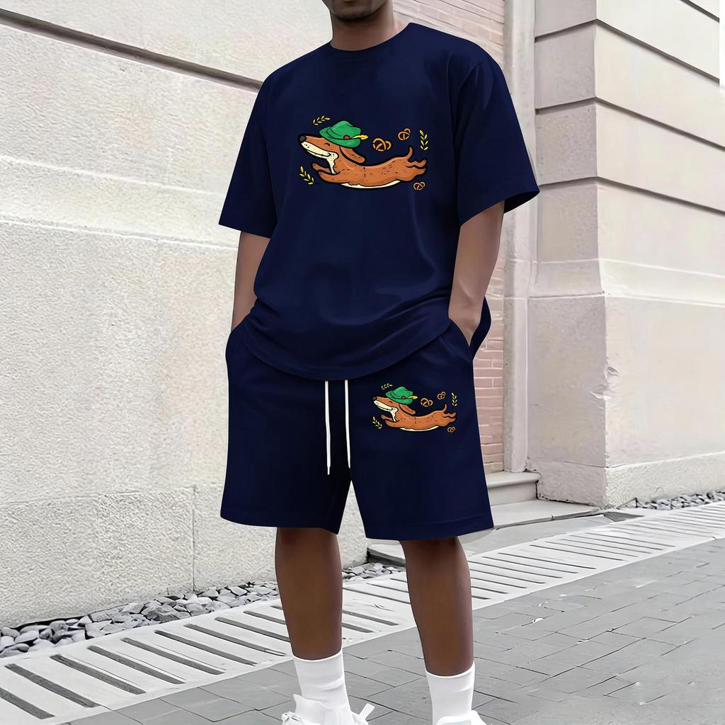 Herren Lässiges Zweiteiliges Set Kurzarm Rundhalsausschnitt Oberteil und Shorts mit Kordelzug und Grafikdruck Bequeme Passform