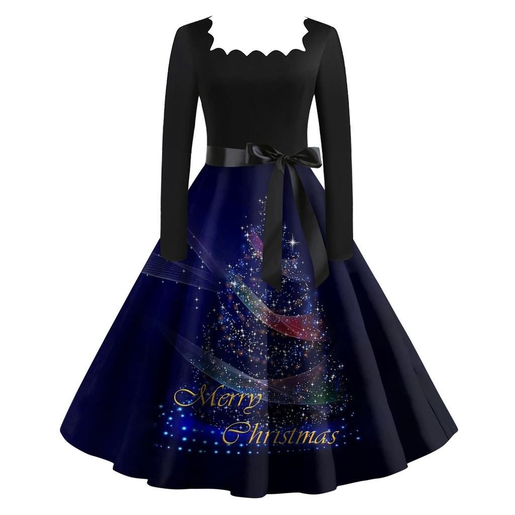 Dámské klasické klasické šaty s dlouhým rukávem 2024 s novoročním potiskem, houpací šaty se čtvercovým výstřihem