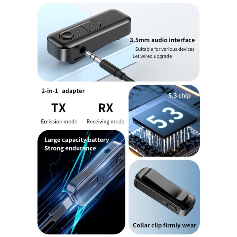 Double Function Bluetooth-compatible 5.3 Transmitter Receiver 2400Mhz 1200Mbps for Fast Wireless Auditory Connection