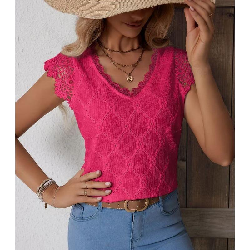 

Ladies Splicing Fashion Loose V-neck White Leisure Lace Shirt XL