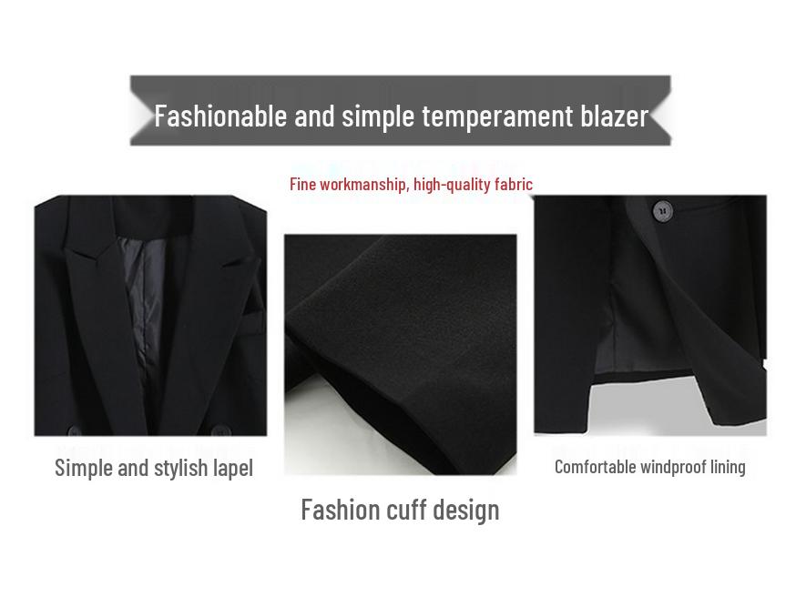 Women's 2023 Black Korean-Style Loose Mid-Length Casual Blazer Jacket