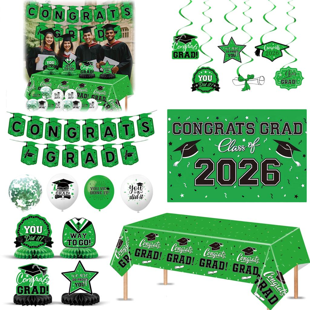 Graduation Party Decoration Set 33pcs Congrats Grad Banner Swirls Balloons Tablecloth Centerpieces for Graduation Celebration Supplies