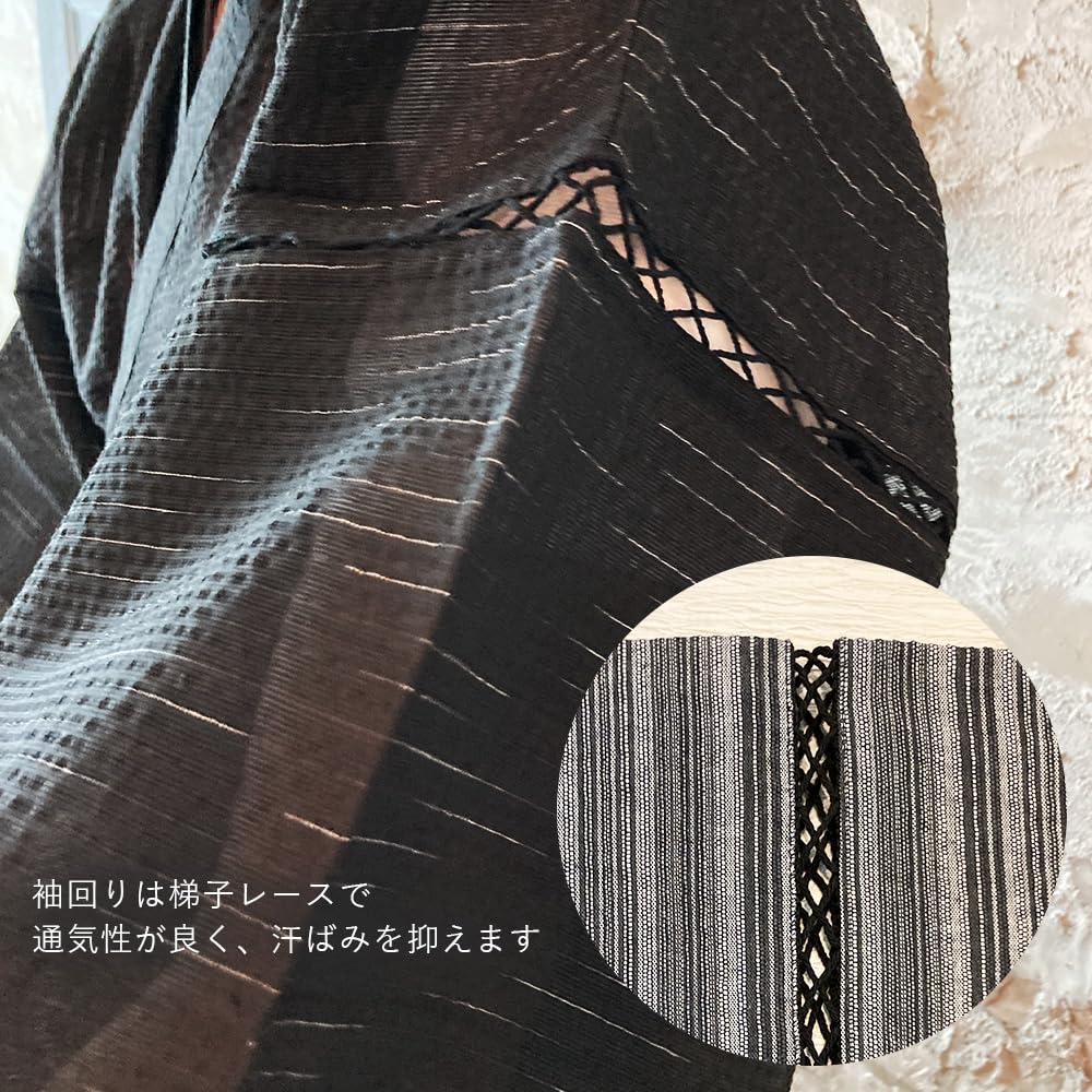 Kyoto Kimono Yuzen Men's Jinbei Kimono Set, Cool, Comfortable, and Soft for Summer (Black Thin Stripes, Size L)