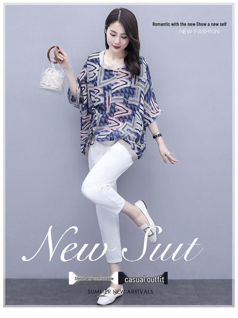 2025 Damen Übergröße Lässig Stilvoll Zweiteilig: Fünf-Ärmel Print T-Shirt & Neun-Punkte-Hose Set