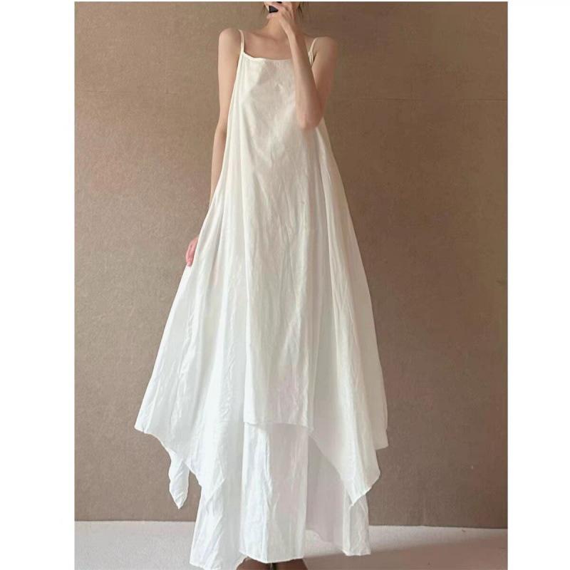 Xia's New Minimalist Extended Suspender Skirt Irregular Curved Hem Double-layer Elegant Long Dress Dress
