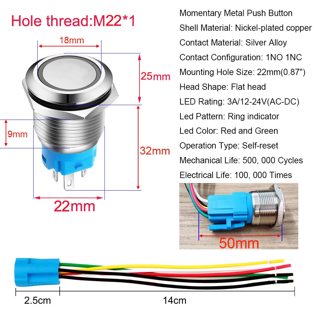 22mm Momentary Push Button with Wire Socket 3A-12-24V(AC/DC) 1NO 1NC SPDT On Off Metal Waterproof IP65 Self Reset (Red&Green LED)