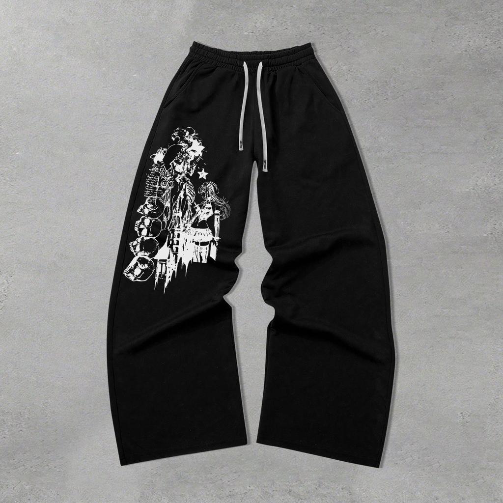 Oversized Skull Anime Print Wide-Leg Pants | American Streetwear Drawstring Sweatpants | Trendy Brand Loose-Fit Drapey Floor-Length Pants