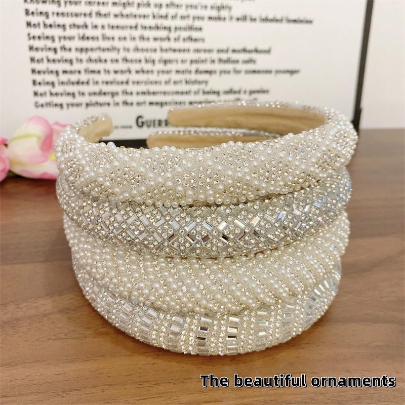 Baroque Vintage Pearl Glass Beads Bow Headband Fashion Hairbands Full Rhinestone Sponge Hair Band Hair Accessories