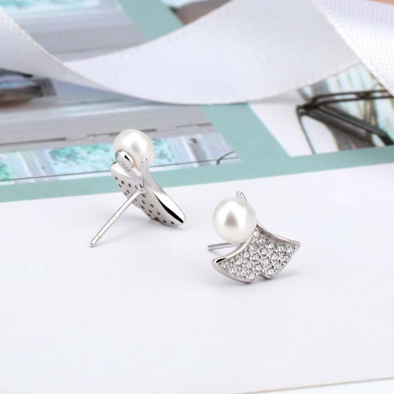 Beixi S925 Sterling Silver Ginkgo Leaf Diamond & Pearl Stud Earrings - Elegant & Fashionable Women's Jewelry