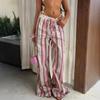 Pantalon rayé décontracté pour femme à taille élastique et jambes larges, style de villégiature à la mode