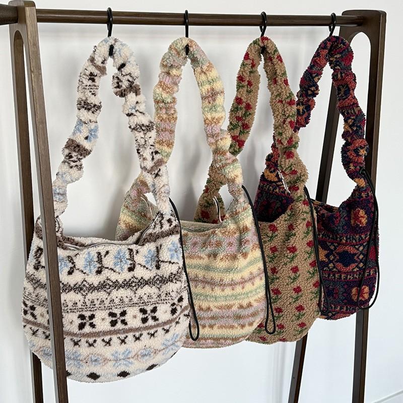 Bohemian Knitted Hobo Bag Women's Vintage Ethnic Pattern Plush Shoulder Purse Soft Winter Large Capacity Commute Crochet Handbag